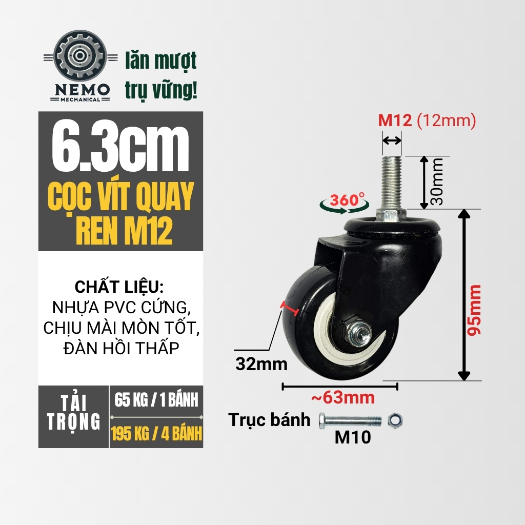 Bánh xe đẩy hàng đen trắng, loại cọc vít, có bạc đạn, đường kính bánh 4cm và 5cm, 40-50kg/1bánh